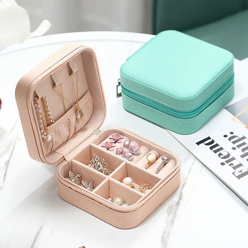 PU leather Velvet Jewelry Box For Women Necklace Ring Earring Organizer Holder Travel Portable Zipper Jewelry Storage Case