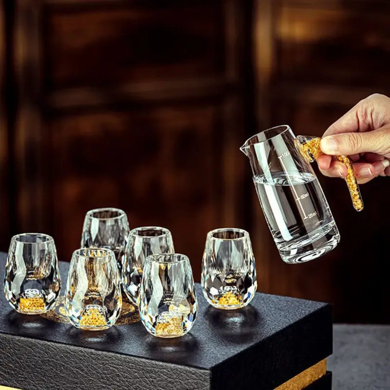 Luxury Crystal Glass Vodka Glass Sake Shochu Glass Bar Liqueur Double Bottom Gold Foil Glass Tea Cup High-end Gifts Hard Liquor