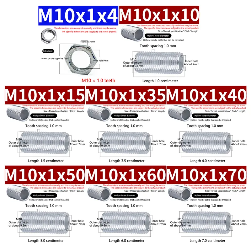 10Pcs M10 Lamp Tooth Tube Metal Hollow Threaded Tube Screw Nut Lamp Cap Galvanized Chandelier Connect Rod Fixed Base