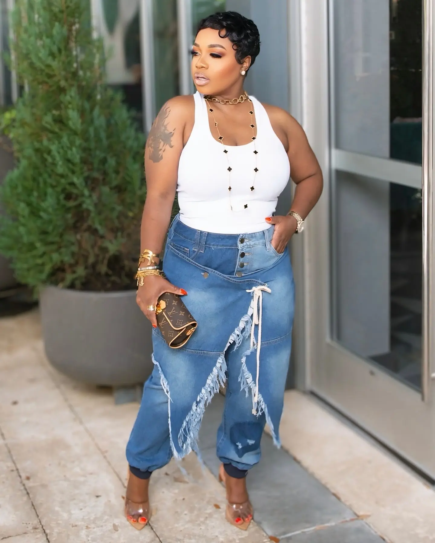 Women Holes Denim Pencil Pant Irregular Ribbe Patchwork Skinny High Street Fashion High Waist Casual Denim Trousers 2025