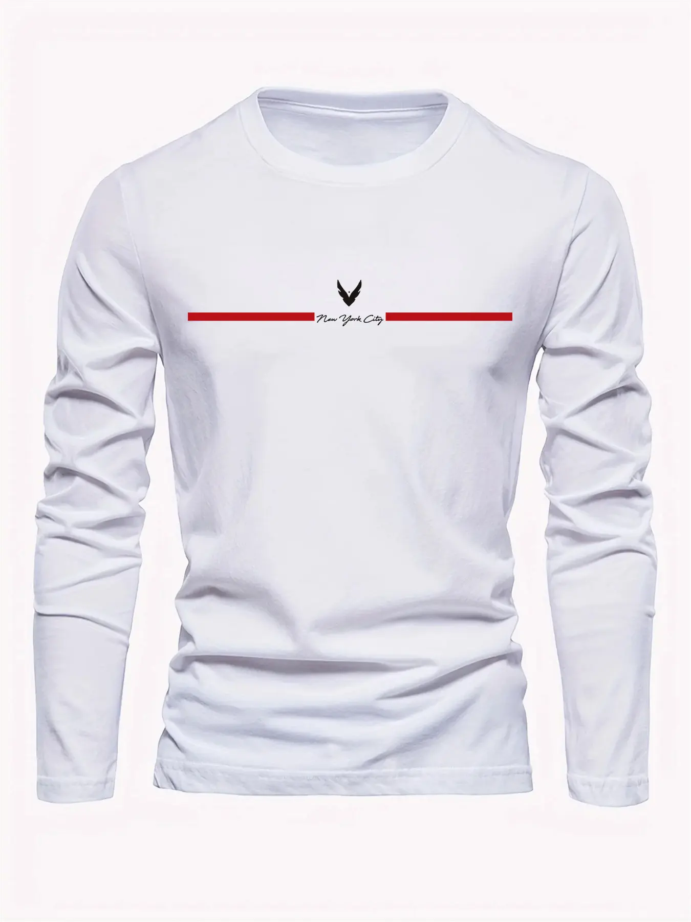 Men's 100% pure cotton loose fit comfortable sports and leisure New York City letter printed round neck long sleeved T-shirt top