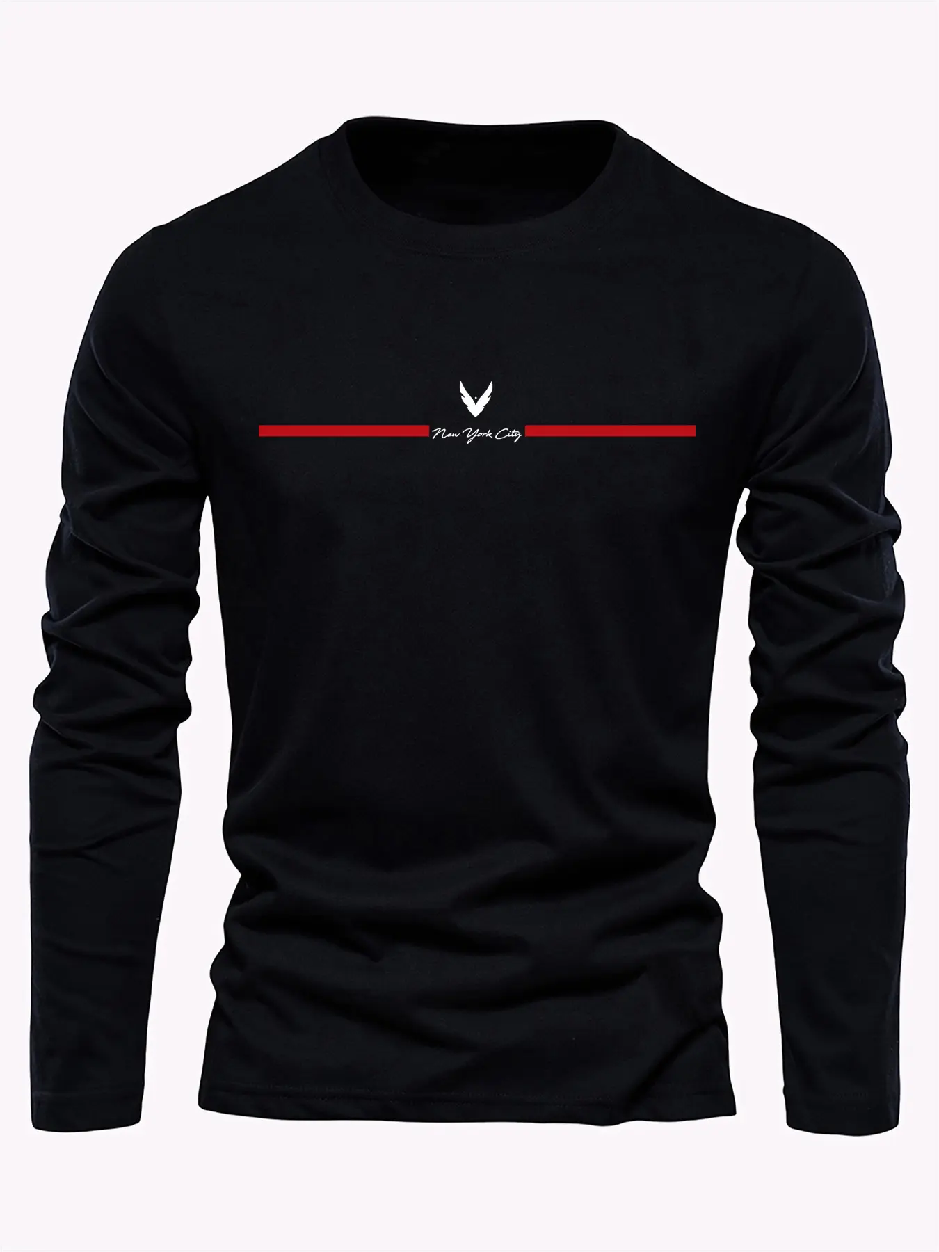 Men's 100% pure cotton loose fit comfortable sports and leisure New York City letter printed round neck long sleeved T-shirt top