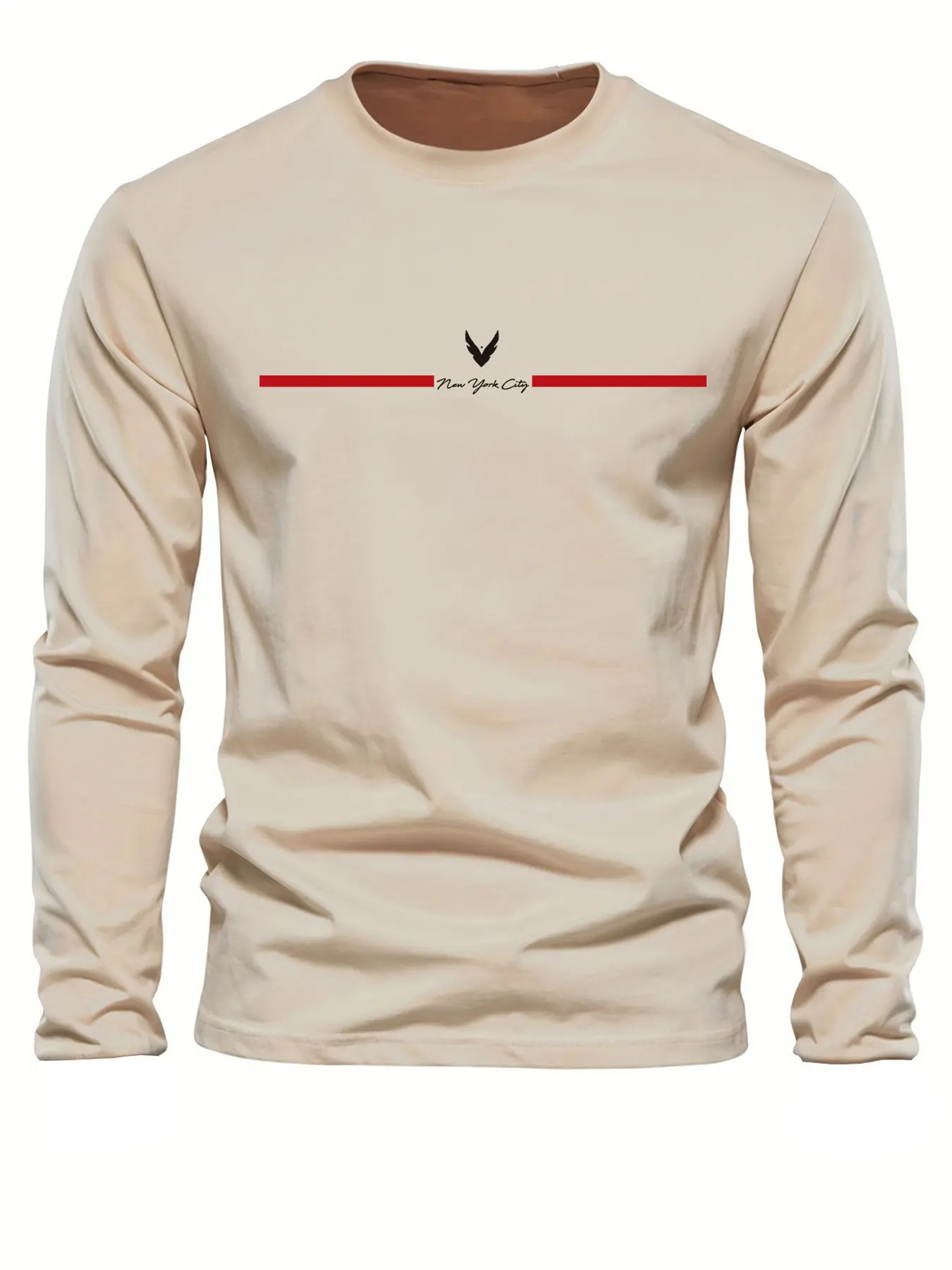 Men's 100% pure cotton loose fit comfortable sports and leisure New York City letter printed round neck long sleeved T-shirt top