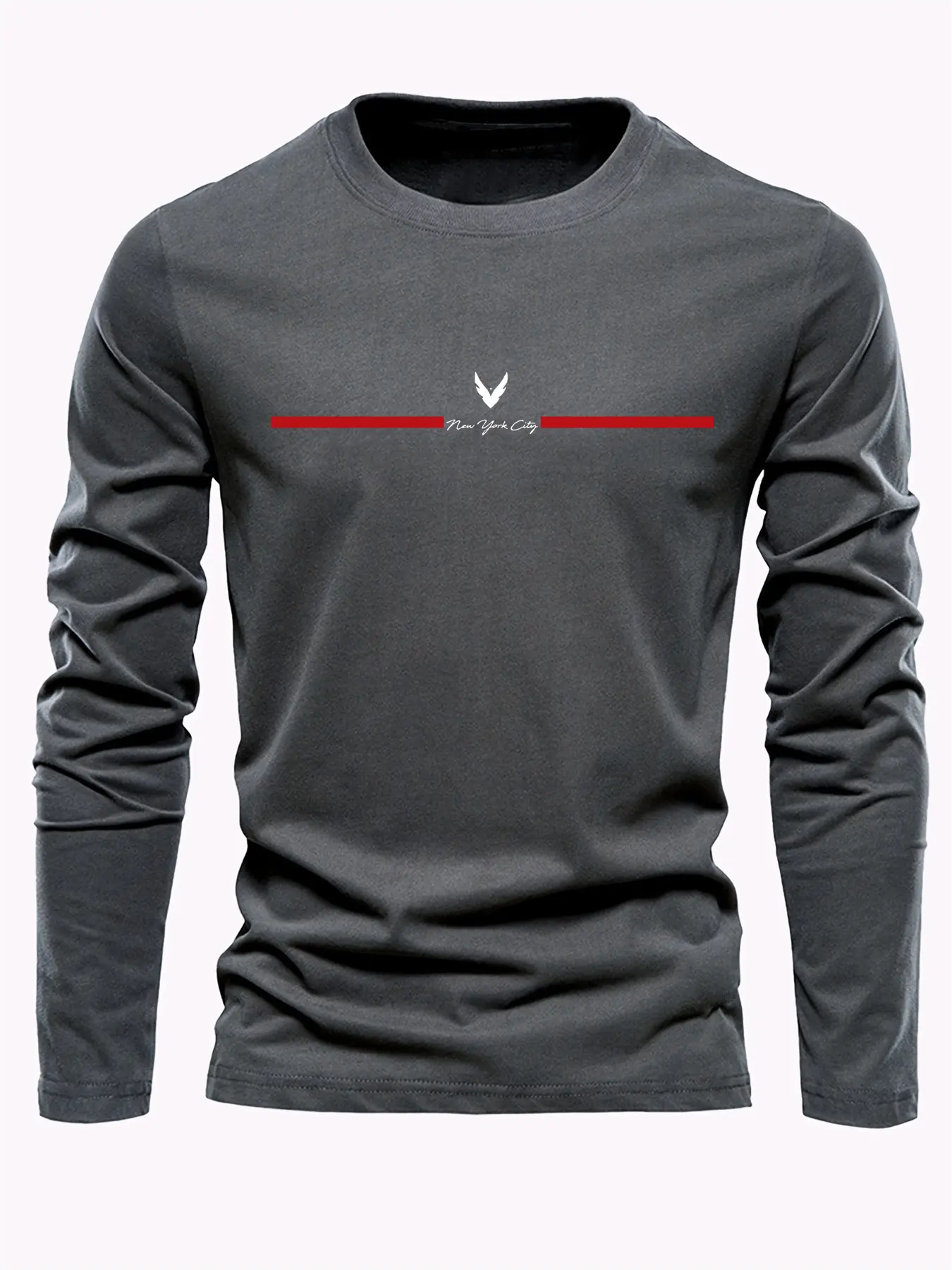 Men's 100% pure cotton loose fit comfortable sports and leisure New York City letter printed round neck long sleeved T-shirt top