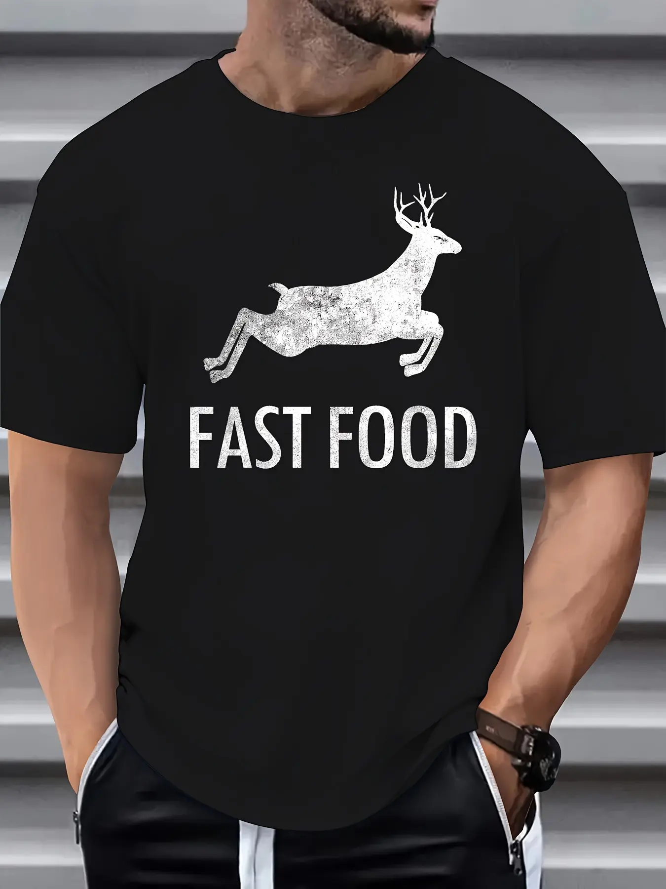 Men's Summer 100 Cotton Fashionable Casual Sports Loose Large Fun Deer Pattern Printed Round Neck Short Sleeve T-shirt Top