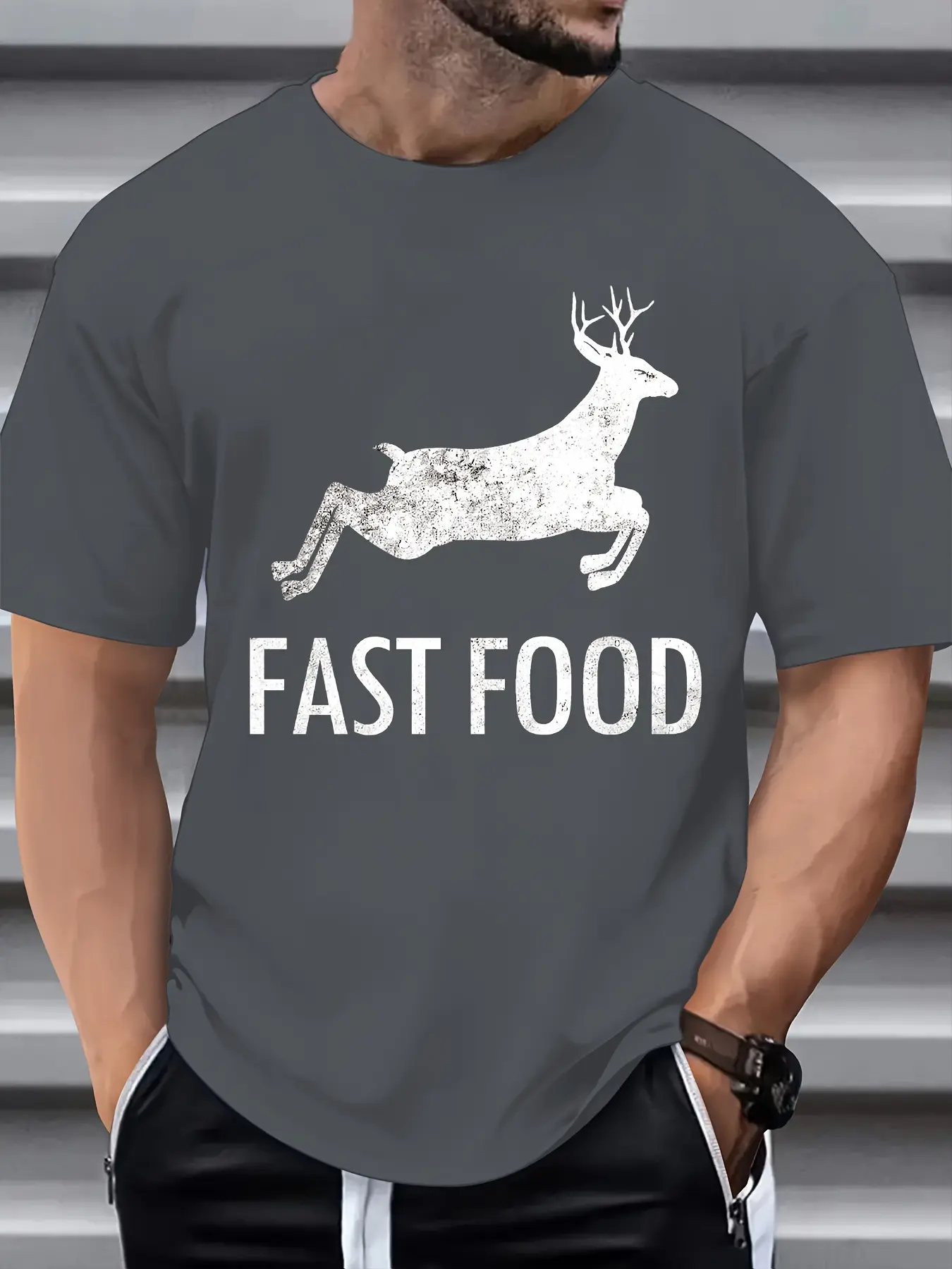 Men's Summer 100 Cotton Fashionable Casual Sports Loose Large Fun Deer Pattern Printed Round Neck Short Sleeve T-shirt Top