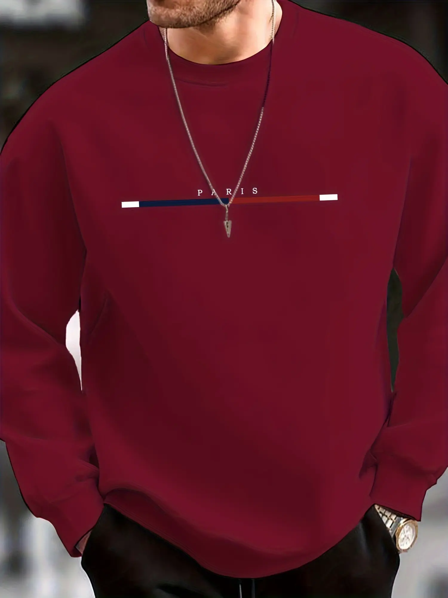 Men's autumn and winter casual sports loose oversized Paris print with fleece warm pullover round neck long sleeved sweatshirt