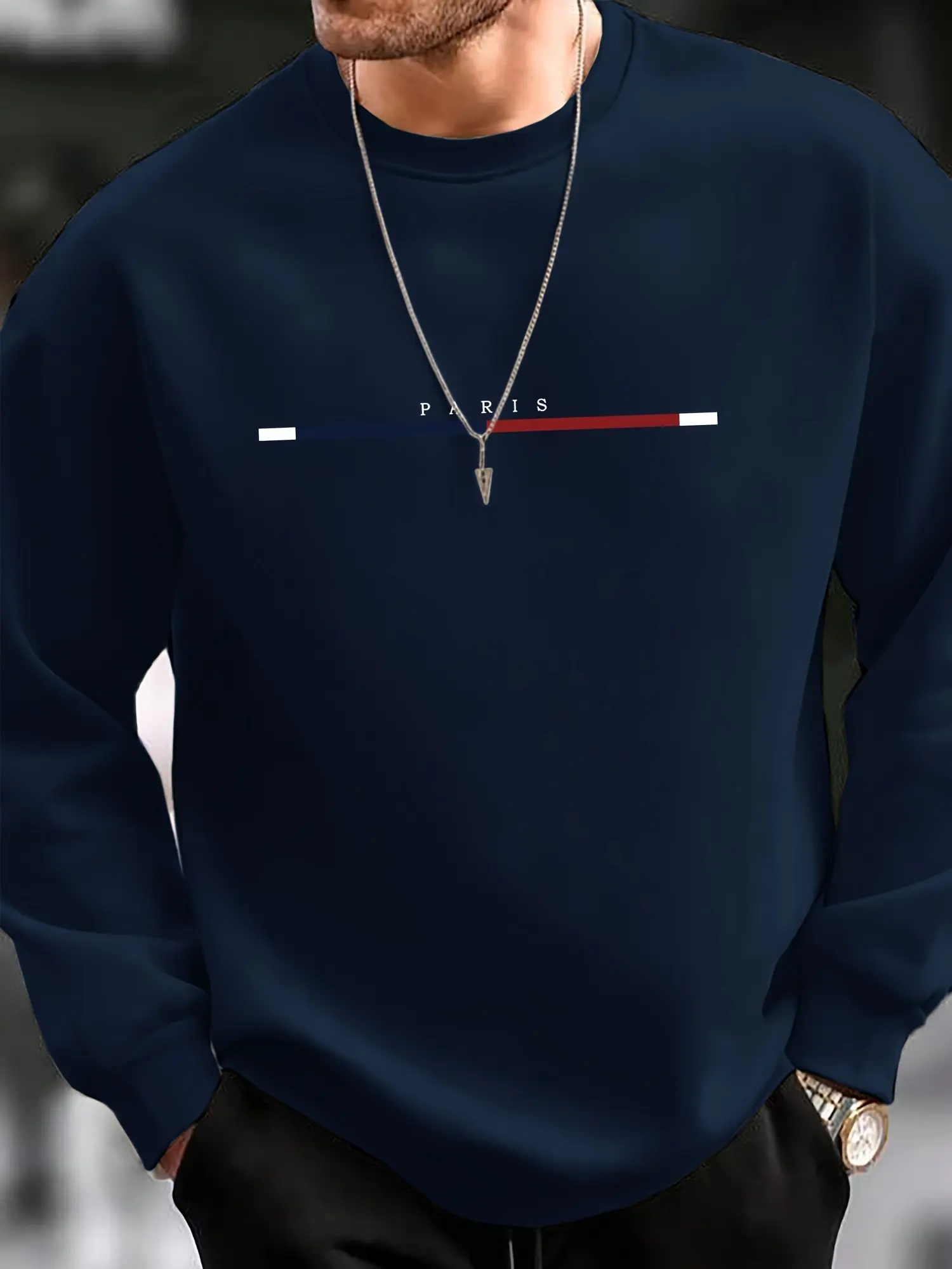 Men's autumn and winter casual sports loose oversized Paris print with fleece warm pullover round neck long sleeved sweatshirt