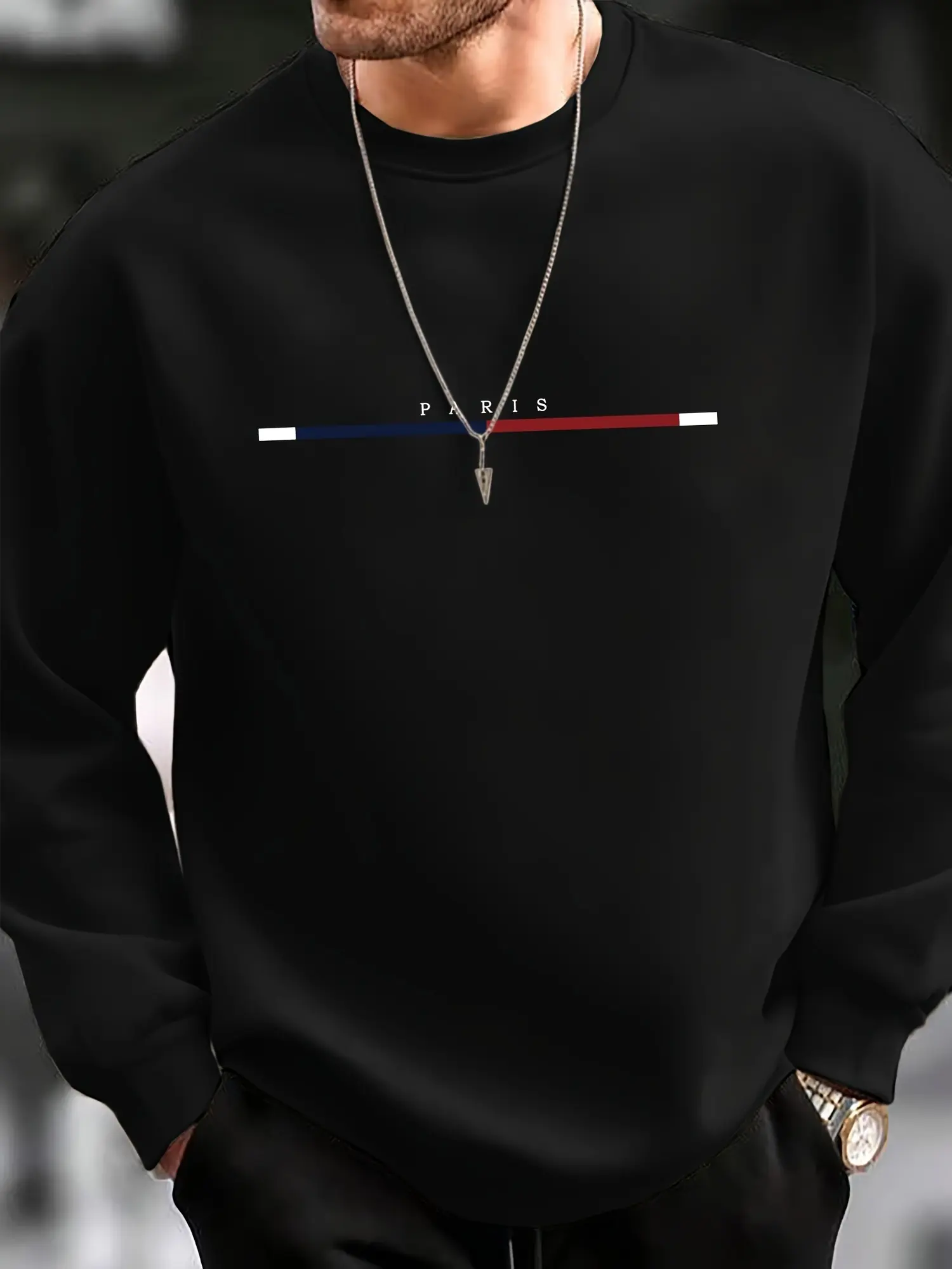 Men's autumn and winter casual sports loose oversized Paris print with fleece warm pullover round neck long sleeved sweatshirt