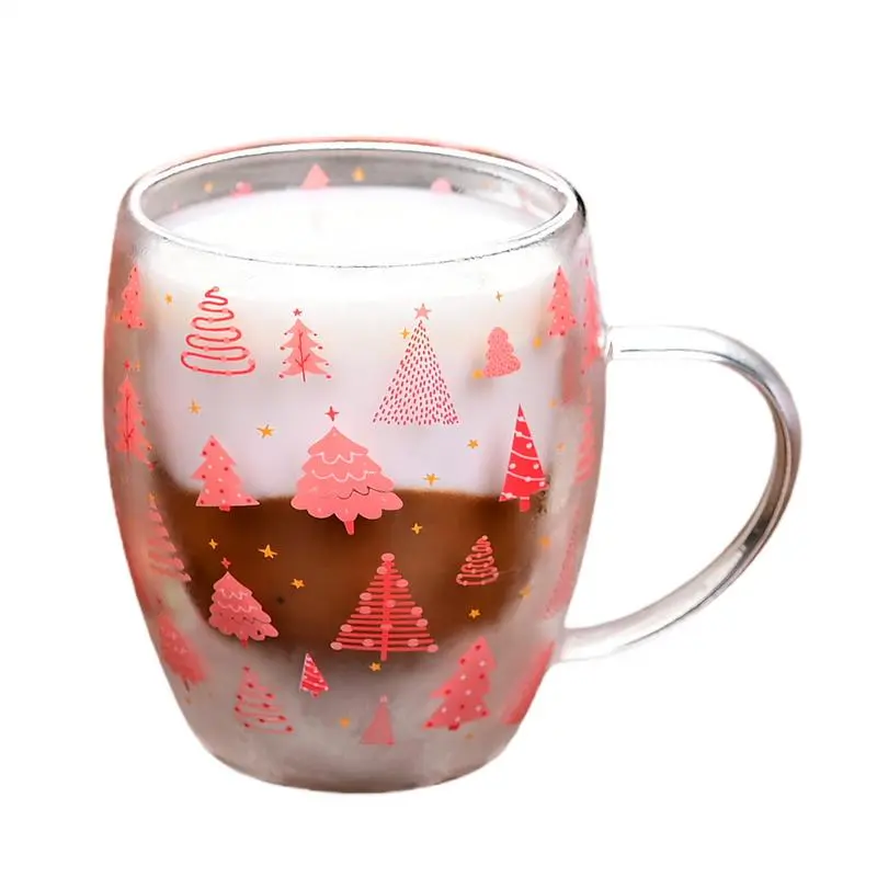 Christmas Mugs Double Wall Insulated Glass Tea Cup With Handle Red Christmas Tree Pattern Glass Cup Decorative Drinkware For