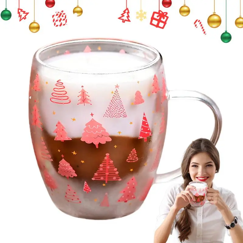 Christmas Mugs Double Wall Insulated Glass Tea Cup With Handle Red Christmas Tree Pattern Glass Cup Decorative Drinkware For