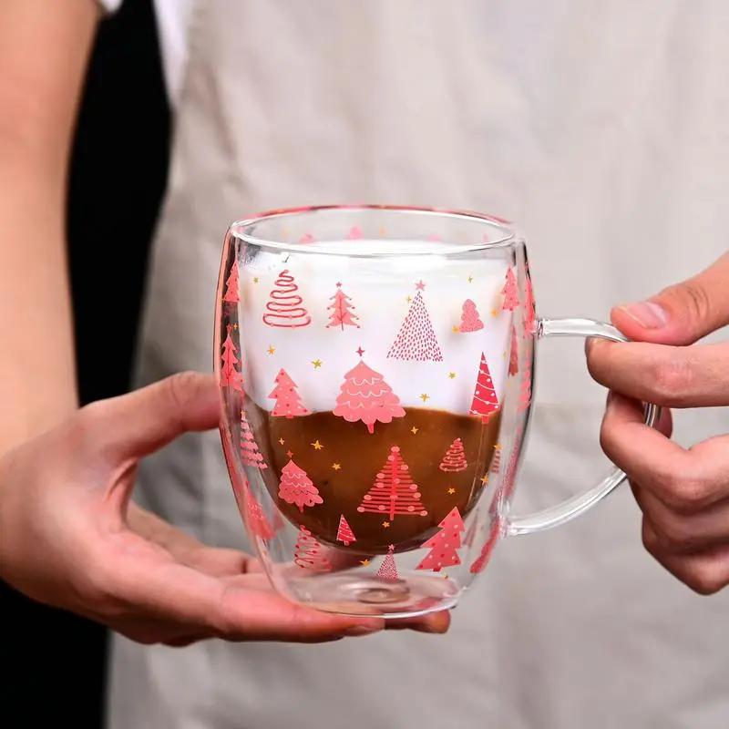 Christmas Mugs Double Wall Insulated Glass Tea Cup With Handle Red Christmas Tree Pattern Glass Cup Decorative Drinkware For