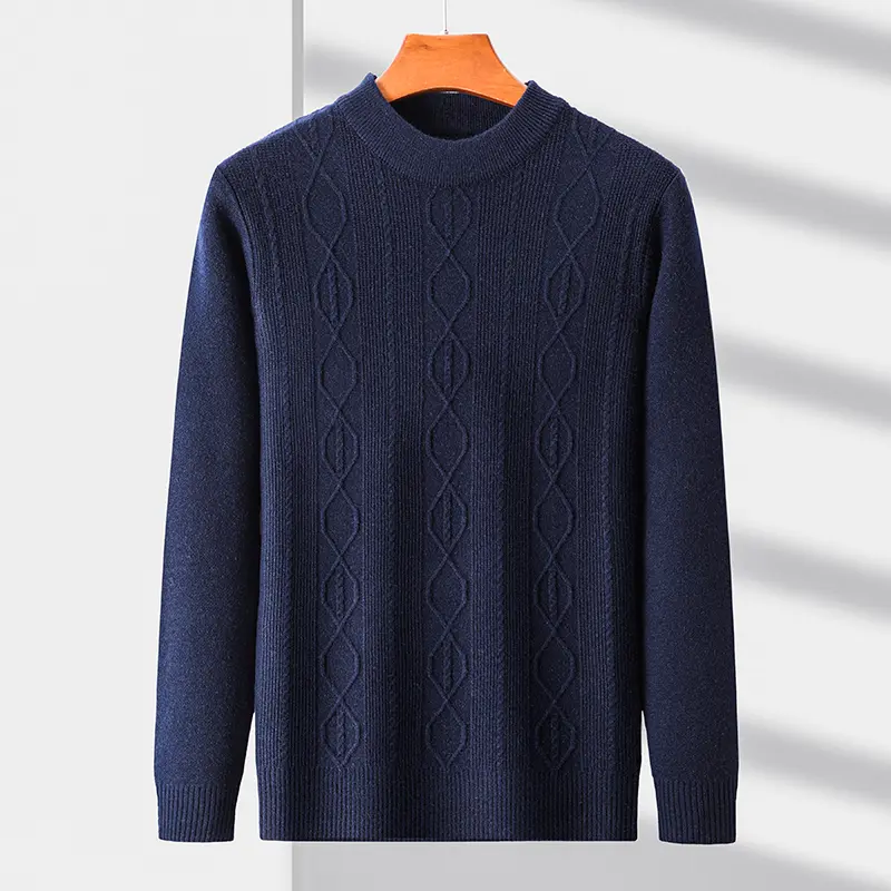 High quality luxury semi high neck jacquard sweater men's autumn and winter new trend fashionable warm thick knitted pullover