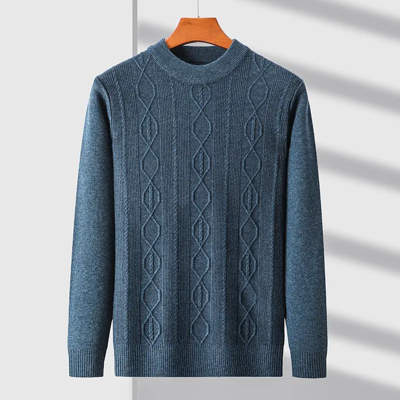 High quality luxury semi high neck jacquard sweater men's autumn and winter new trend fashionable warm thick knitted pullover