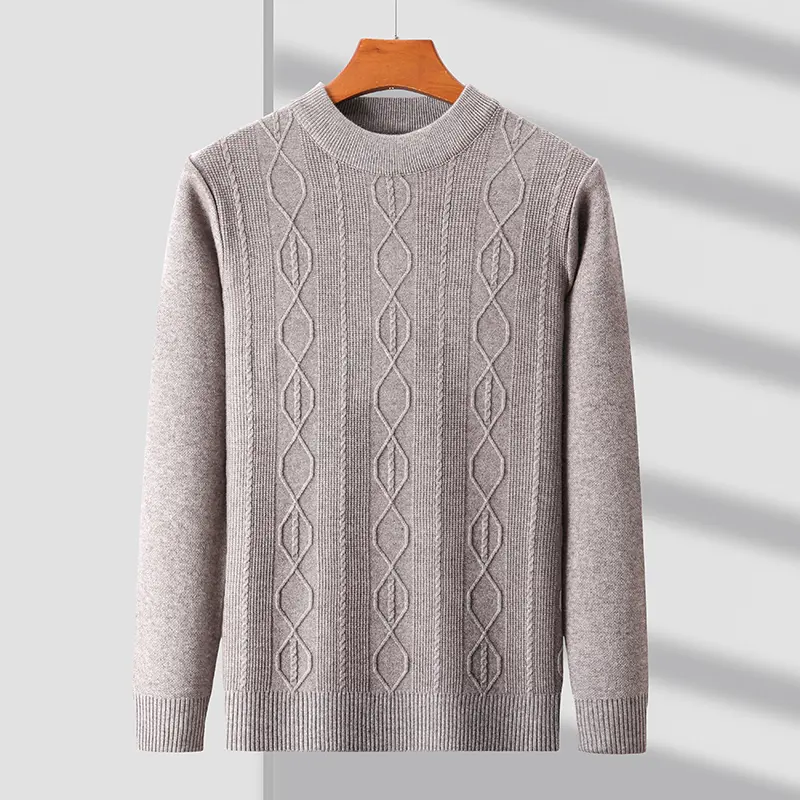 High quality luxury semi high neck jacquard sweater men's autumn and winter new trend fashionable warm thick knitted pullover