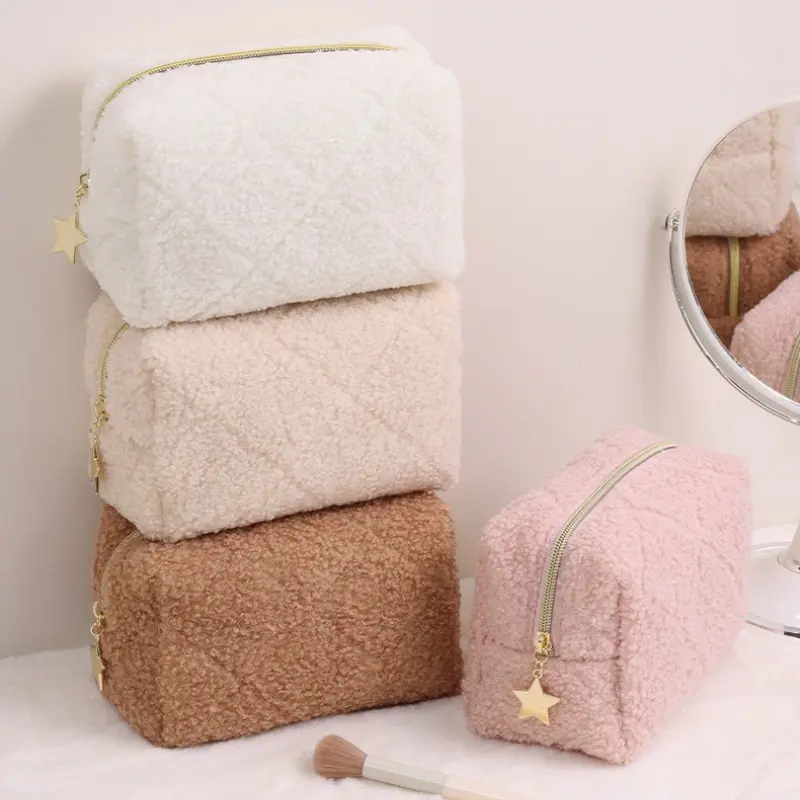 Zipper Large Solid Color Cosmetic Bag Cute Makeup Bag for Women Travel Make Up Toiletry Bag Washing Pouch Plush Pen Pouch