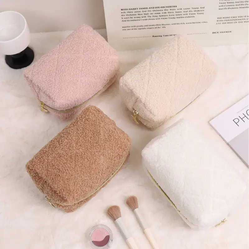 Zipper Large Solid Color Cosmetic Bag Cute Makeup Bag for Women Travel Make Up Toiletry Bag Washing Pouch Plush Pen Pouch