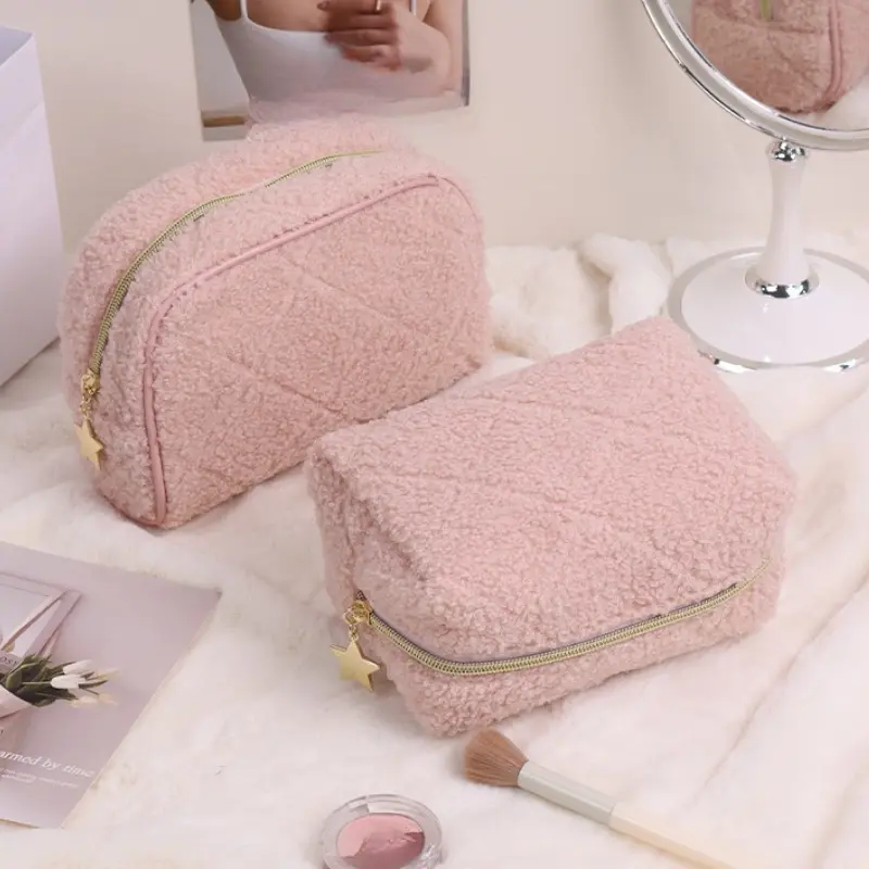 Zipper Large Solid Color Cosmetic Bag Cute Makeup Bag for Women Travel Make Up Toiletry Bag Washing Pouch Plush Pen Pouch