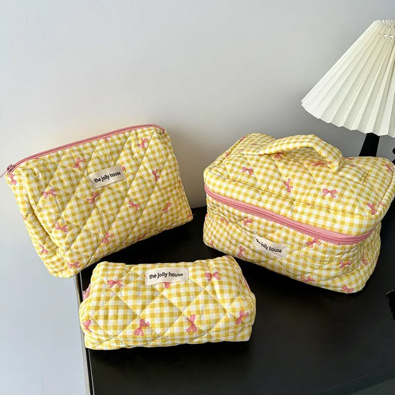 Cute Bow Cotton Makeup Bag Women Cosmetic Organizer Zipper Handbag Portable Toiletry Case for Girls