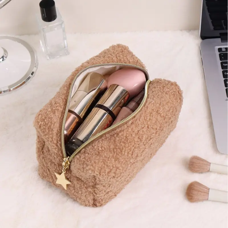 Zipper Large Solid Color Cosmetic Bag Cute Makeup Bag for Women Travel Make Up Toiletry Bag Washing Pouch Plush Pen Pouch