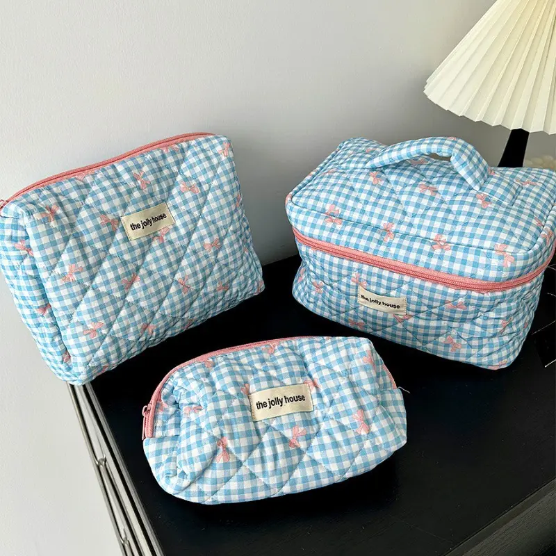 Cute Bow Cotton Makeup Bag Women Cosmetic Organizer Zipper Handbag Portable Toiletry Case for Girls