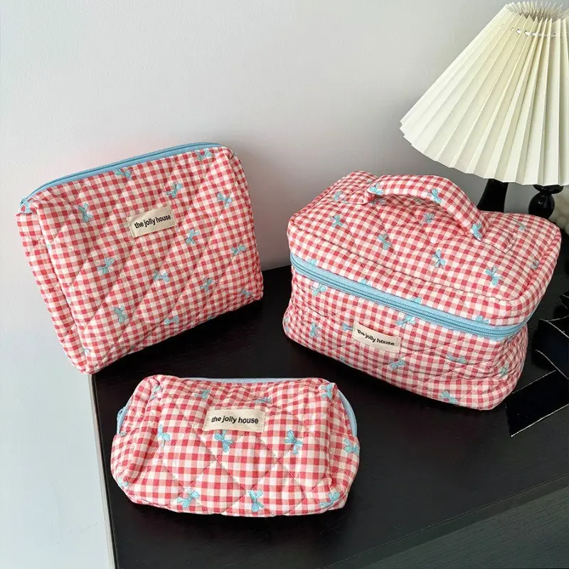 Cute Bow Cotton Makeup Bag Women Cosmetic Organizer Zipper Handbag Portable Toiletry Case for Girls