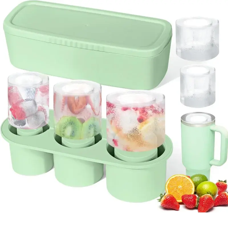 Ice Cube Tray for Stanley Cup Tumbler Cup Silicone 3 Grids Cylinder Circle Shaped Ice Mold with Lid Kitchen Accessories Tools