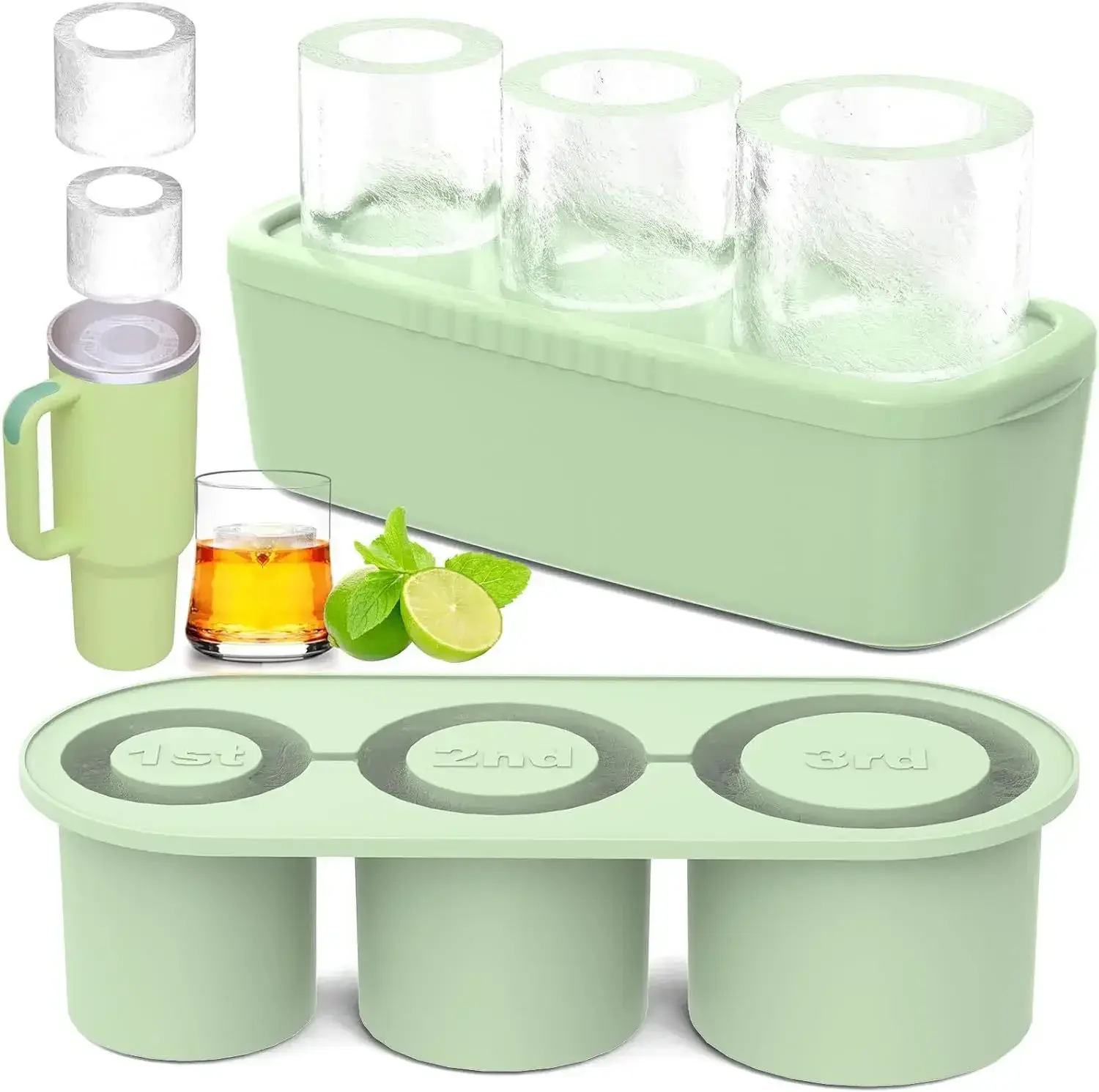 Ice Cube Tray for Stanley Cup Tumbler Cup Silicone 3 Grids Cylinder Circle Shaped Ice Mold with Lid Kitchen Accessories Tools