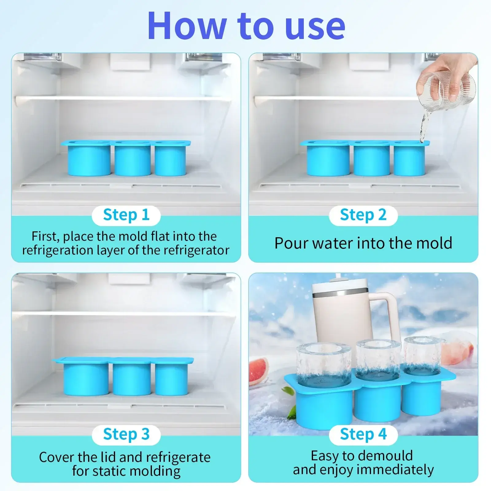 Ice Cube Tray for Stanley Cup Tumbler Cup Silicone 3 Grids Cylinder Circle Shaped Ice Mold with Lid Kitchen Accessories Tools