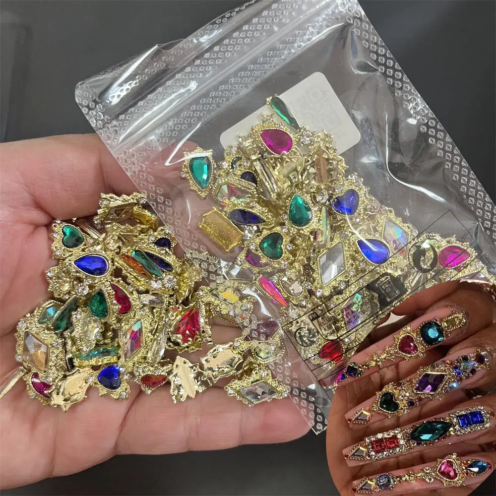 60PCS Mix Nail Art Rhinestones Heart/Square/Waterdrop Big AB Iridescent Crystal Jewels Metal Alloy 3D DIY Nail Charms Supplies *