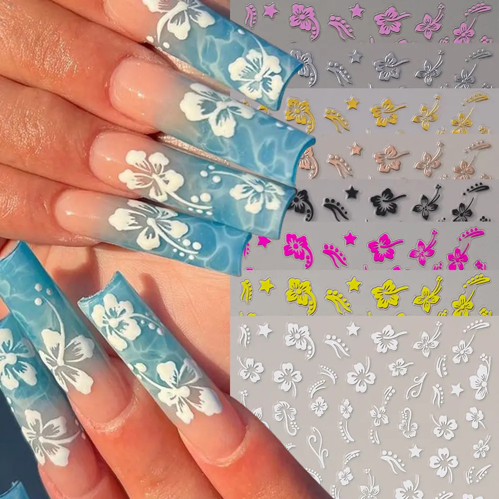 5/8Pcs 3D Hawaiian Flowers Nail Art Stickers Summer Decors with Tropical Leaves Slider Vibrant Pink & White Flowers for Parties*