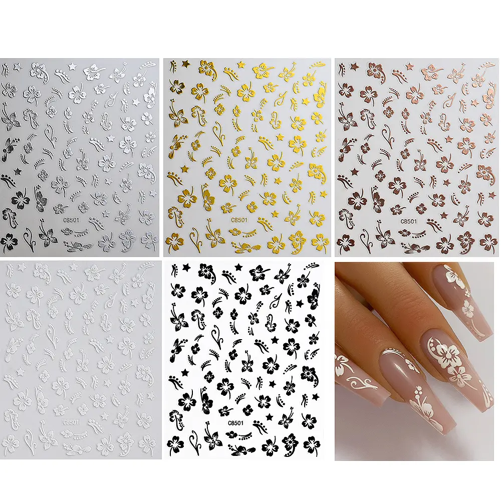 5/8Pcs 3D Hawaiian Flowers Nail Art Stickers Summer Decors with Tropical Leaves Slider Vibrant Pink & White Flowers for Parties*
