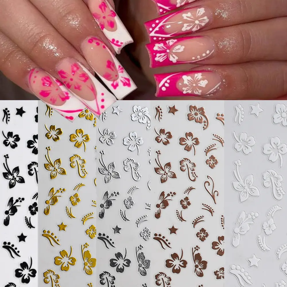 5/8Pcs 3D Hawaiian Flowers Nail Art Stickers Summer Decors with Tropical Leaves Slider Vibrant Pink & White Flowers for Parties*