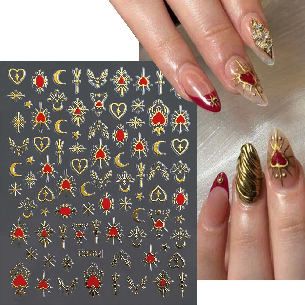 1pcs 3D Bronzing Gold Love Heart Nail Art Stickers Y2K Holographic Stars Sun Sliders Starlight DIY Decals Manicure Decoration