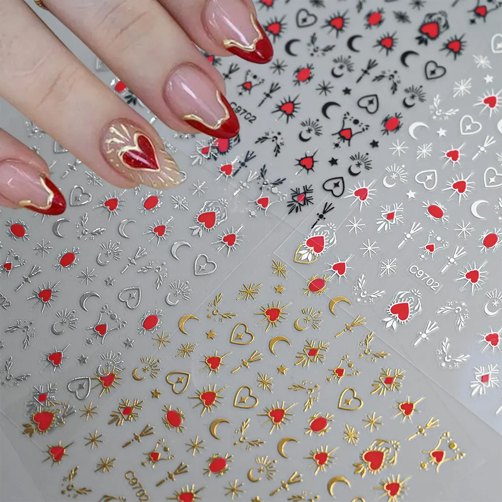 1pcs 3D Bronzing Gold Love Heart Nail Art Stickers Y2K Holographic Stars Sun Sliders Starlight DIY Decals Manicure Decoration