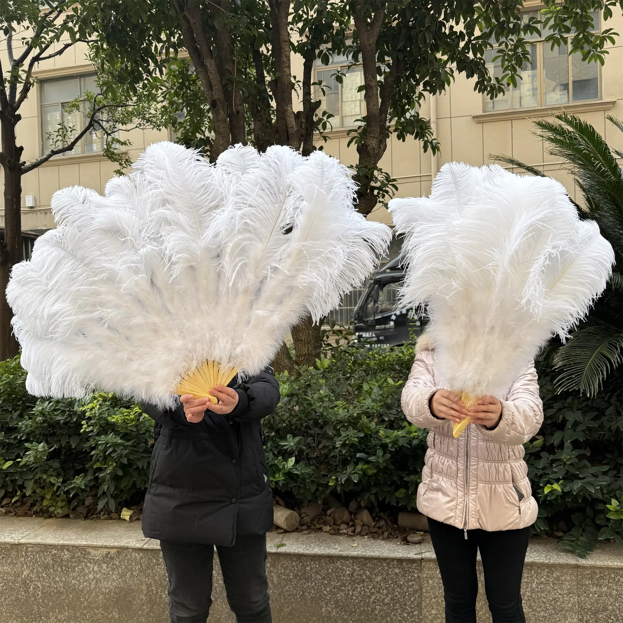 A Pair Large White Natural Fluffy Ostrich Feather Fans 1/2Pcs 60/90cm 75/130cm Hand Held Fan Party Stage Show Dance Props Fan