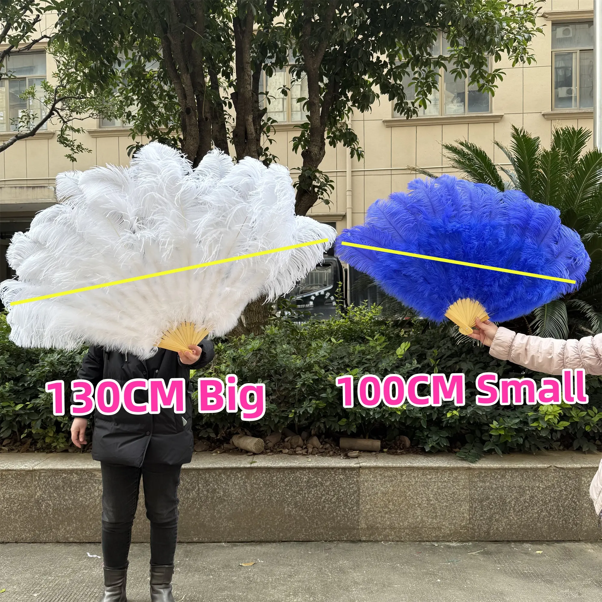 A Pair Large White Natural Fluffy Ostrich Feather Fans 1/2Pcs 60/90cm 75/130cm Hand Held Fan Party Stage Show Dance Props Fan
