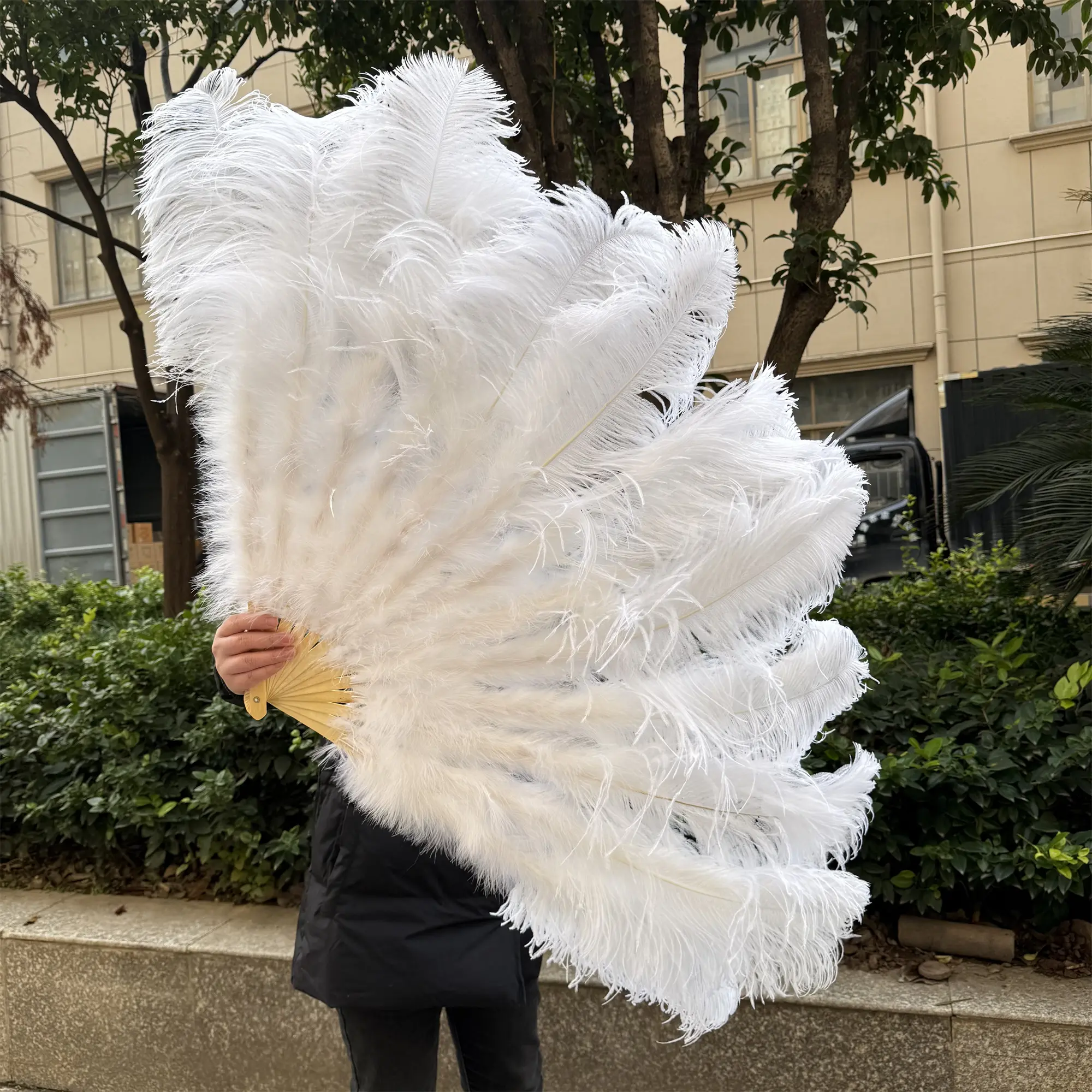 A Pair Large White Natural Fluffy Ostrich Feather Fans 1/2Pcs 60/90cm 75/130cm Hand Held Fan Party Stage Show Dance Props Fan