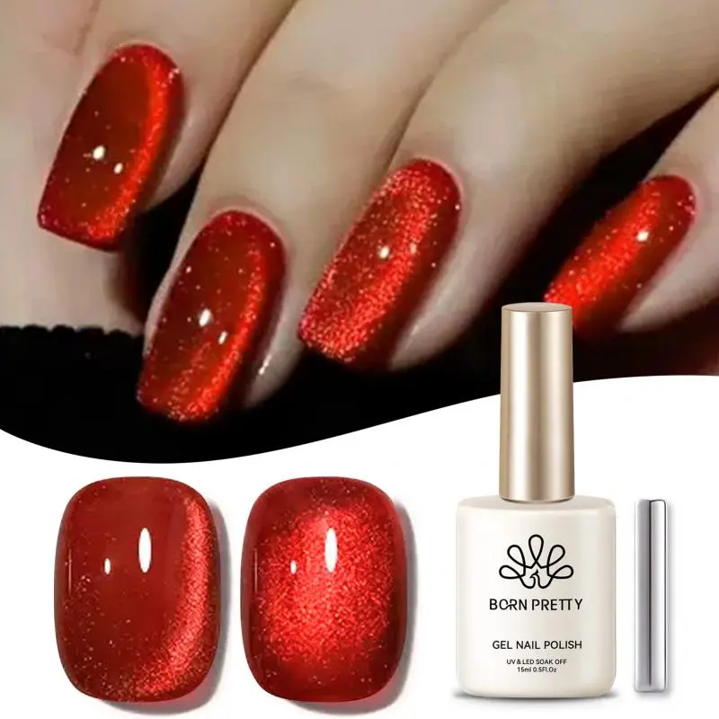 BORN PRETTY 15ml Classic Red Glitter Cat Magnetic Gel Nail Polish Glass Red Brown Sparkling Soak Off UV Varnish Nail Supplies