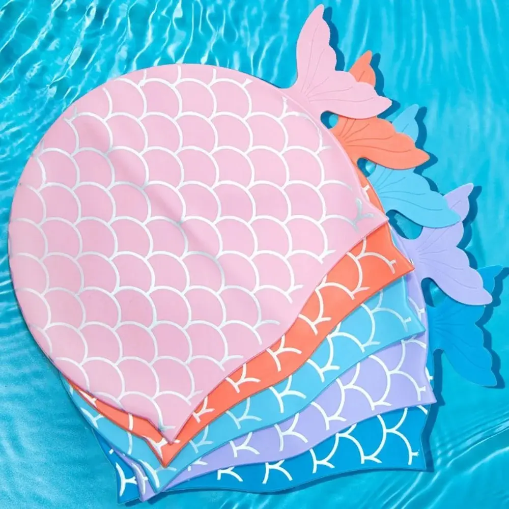 Cartoon Mermaid Tail Swimming Cap Silicone Swimming Cap Waterproof Swim Hat Kids Girls Free-diving Surfing Swimming Accesories