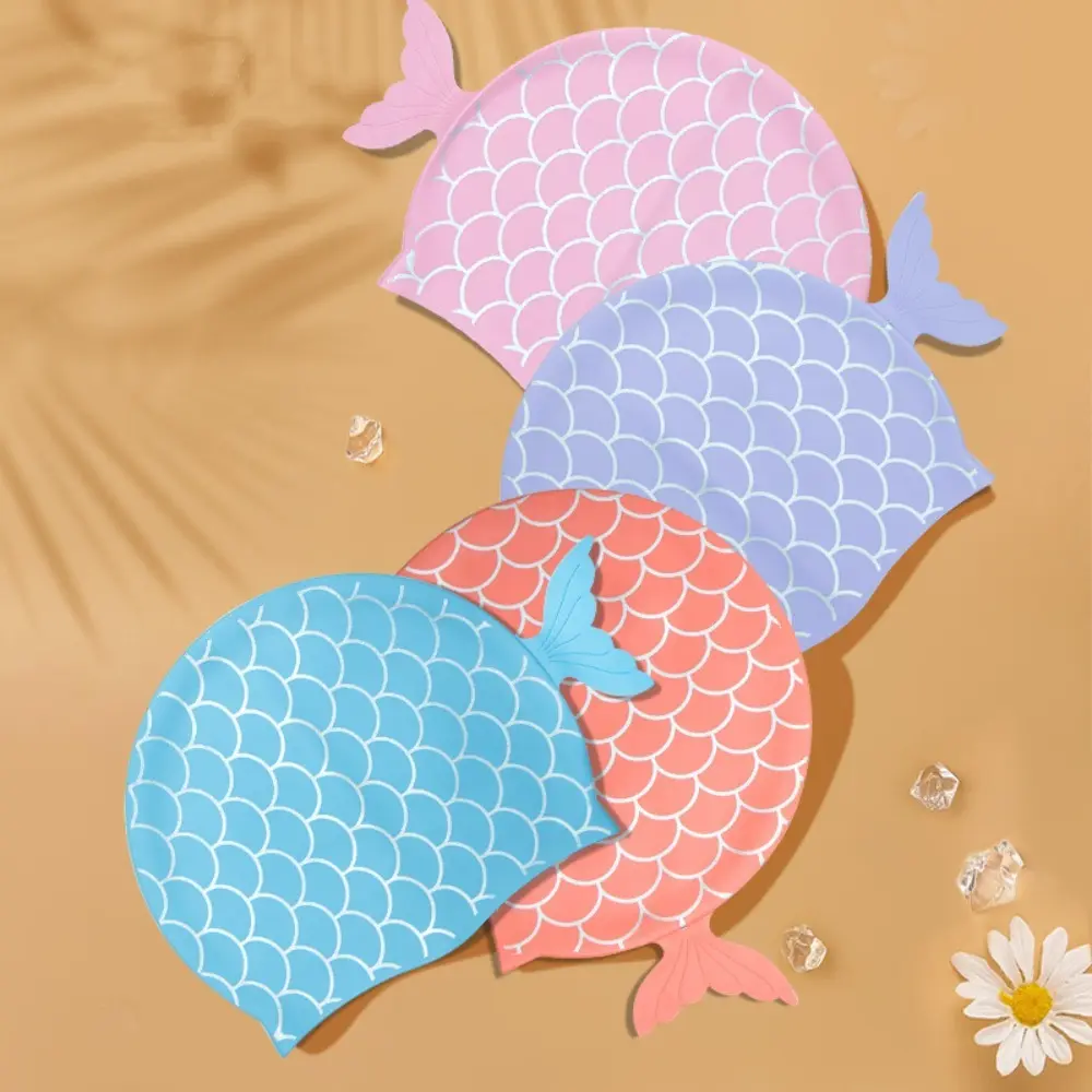 Cartoon Mermaid Tail Swimming Cap Silicone Swimming Cap Waterproof Swim Hat Kids Girls Free-diving Surfing Swimming Accesories