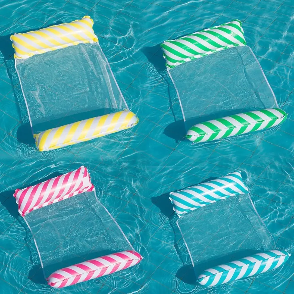 Portable Foldable Water Hammock Floating Inflatable Water Bed with Net Backrest Striped Swimming Pool Mattress Pool Party Toy