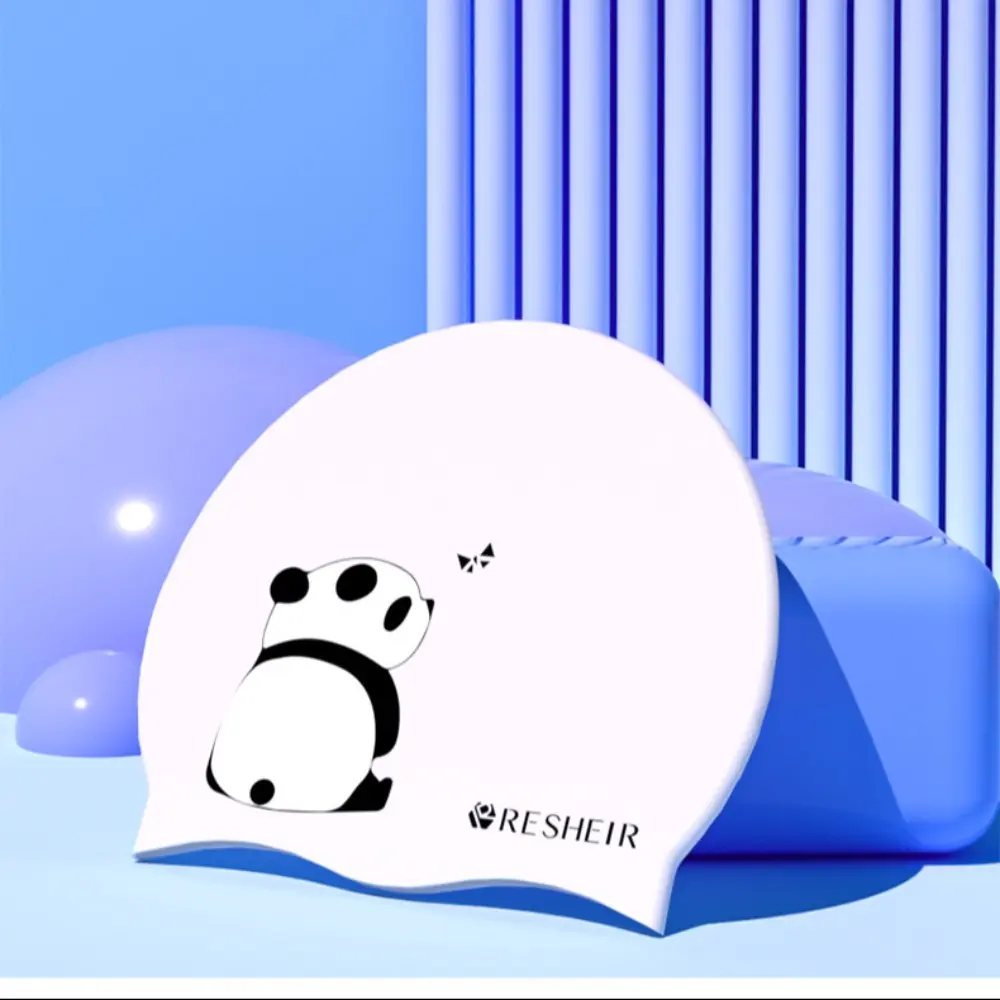 Cartoon Panda Pattern Swimming Caps Swimming Pool Equipment Waterproof Elastic Swimming Hats Silicone Ear Protection Diving Hat