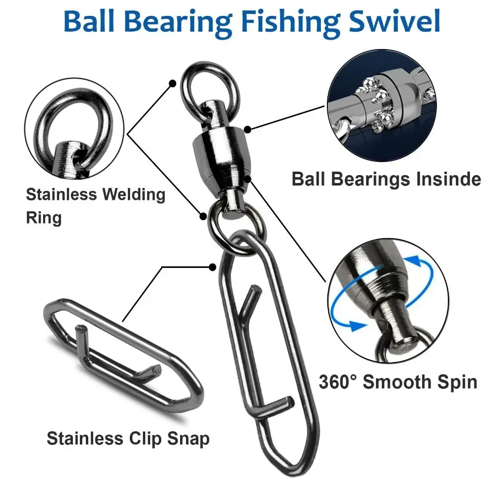 25Pcs Rotatable Stainless Steel Ball Bearing Swivel Fishing Power Clips Quick Change Hook High Strength Fishing Swivels Snap