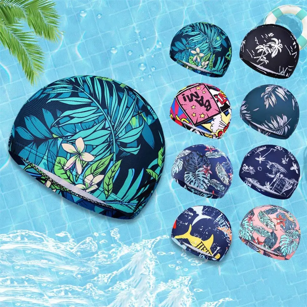 Swimming Cap Flowers Print Long Hair Cap Sports Swim Pool PU Coating Waterproof Hat Elastic Nylon Turban Water Sports Accessory