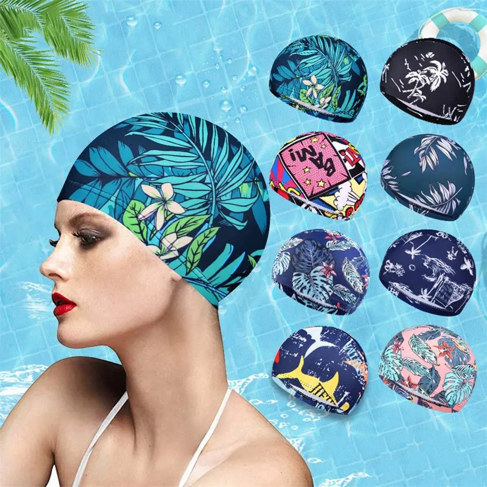 Swimming Cap Flowers Print Long Hair Cap Sports Swim Pool PU Coating Waterproof Hat Elastic Nylon Turban Water Sports Accessory