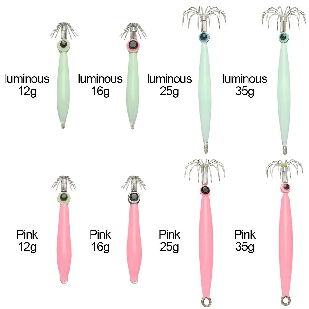 Simulation Luminous/Pink Angling Sleeve-fish Jigs Octopus Bait Fishing Tackle Wood Shrimp Lures Squid Hook with Fish Eyes