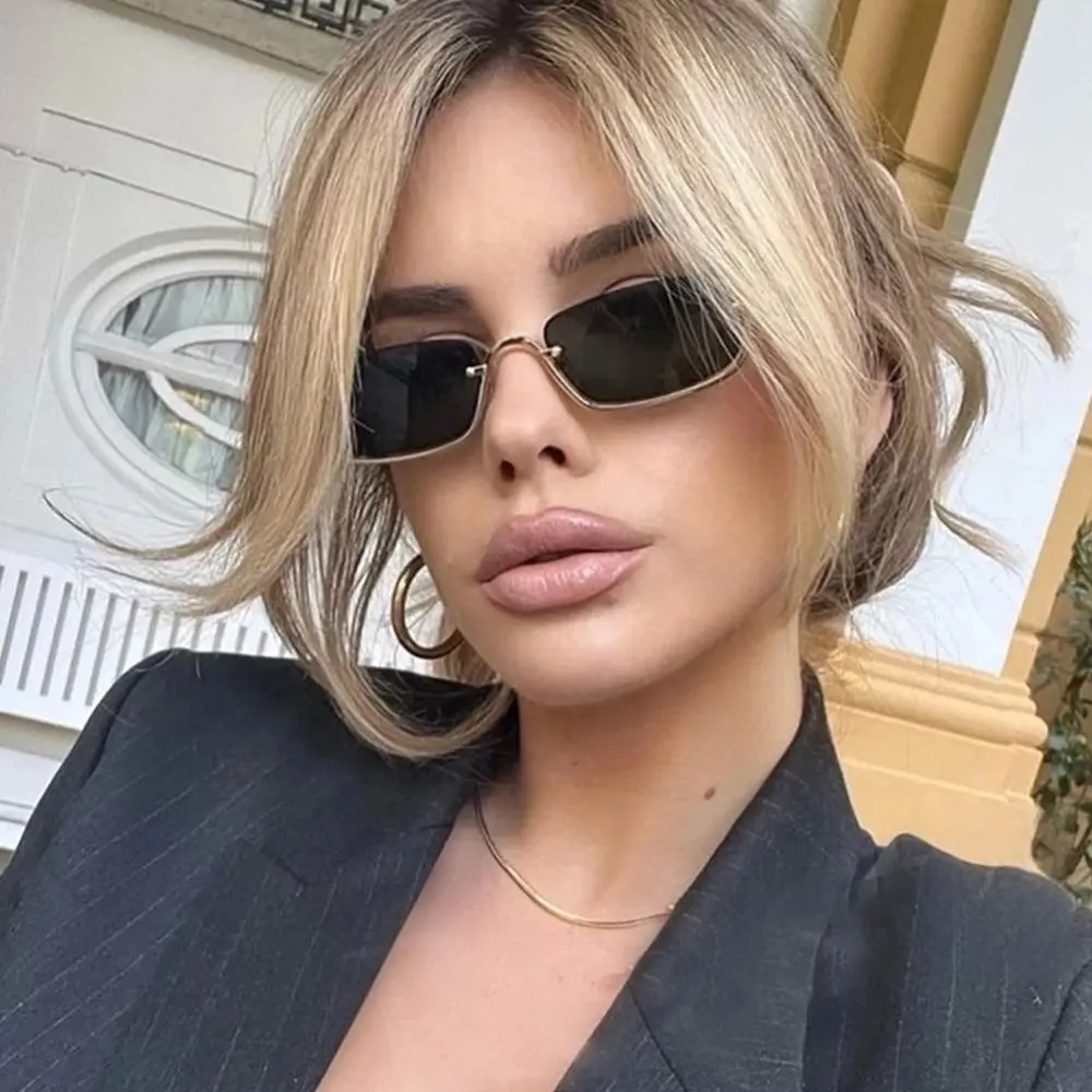 Small Square Sunglasses Women Metal Half Frame Sunglasses Vintage Shades Trendy Narrow Hip Hop Eyewear Cycling Sunglasses