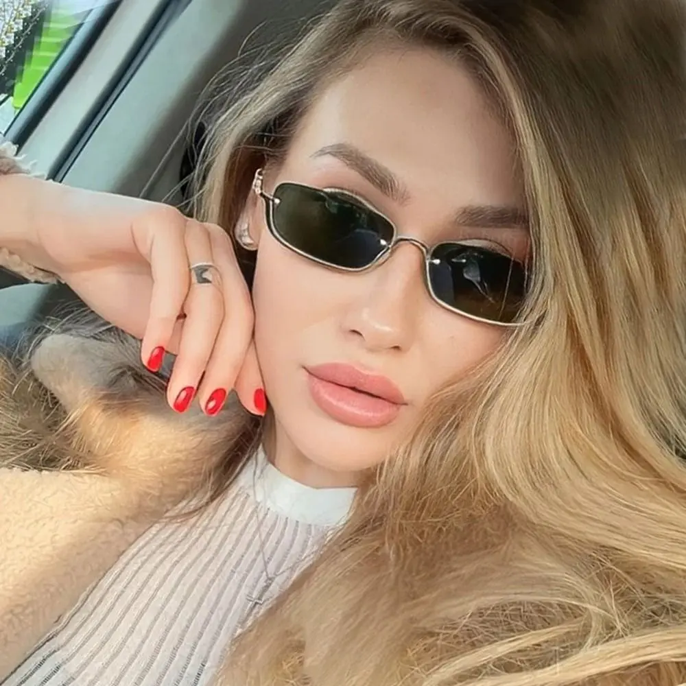 Small Square Sunglasses Women Metal Half Frame Sunglasses Vintage Shades Trendy Narrow Hip Hop Eyewear Cycling Sunglasses