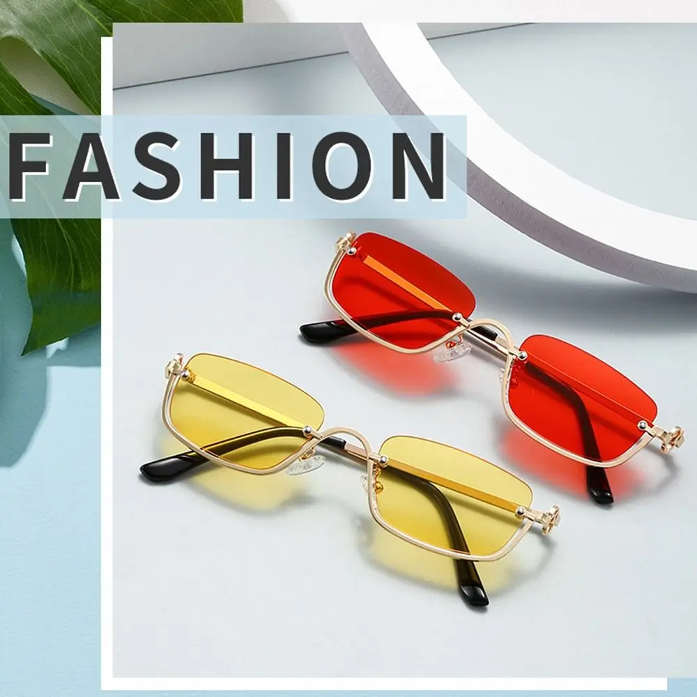 Small Square Sunglasses Women Metal Half Frame Sunglasses Vintage Shades Trendy Narrow Hip Hop Eyewear Cycling Sunglasses